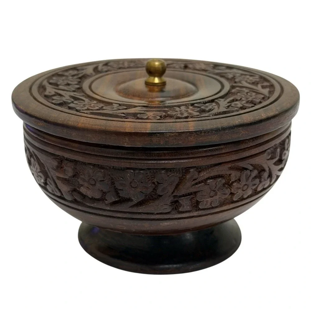 Vintage Handmade Indian Rosewood Floral Engraved Wooden Keepsake Trinket Box 3